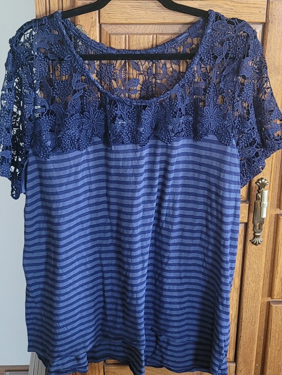 Lane Bryant Tops - Lane Bryant Navy Blue Striped Top with Floral Lace Yoke